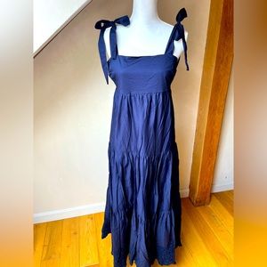 Navy Jason Wu Tiered Maxi Dress with Tie Straps and Embroidered Detail at Hem